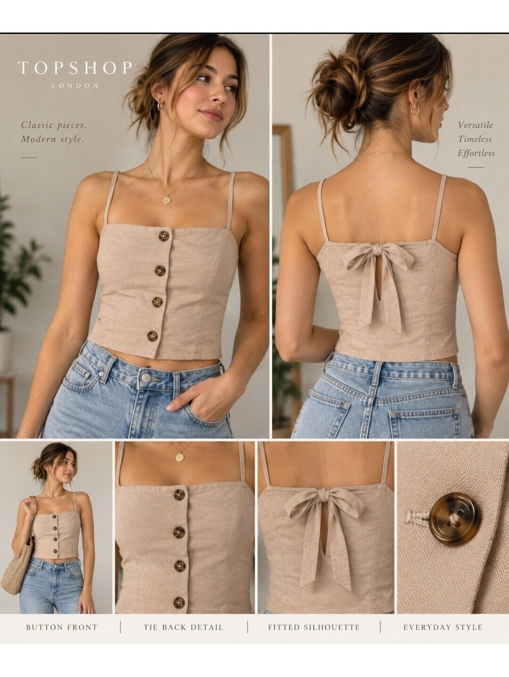 Topshop Women’s US 2 Taupe Button Front Lace Up Back Corset Cami Top